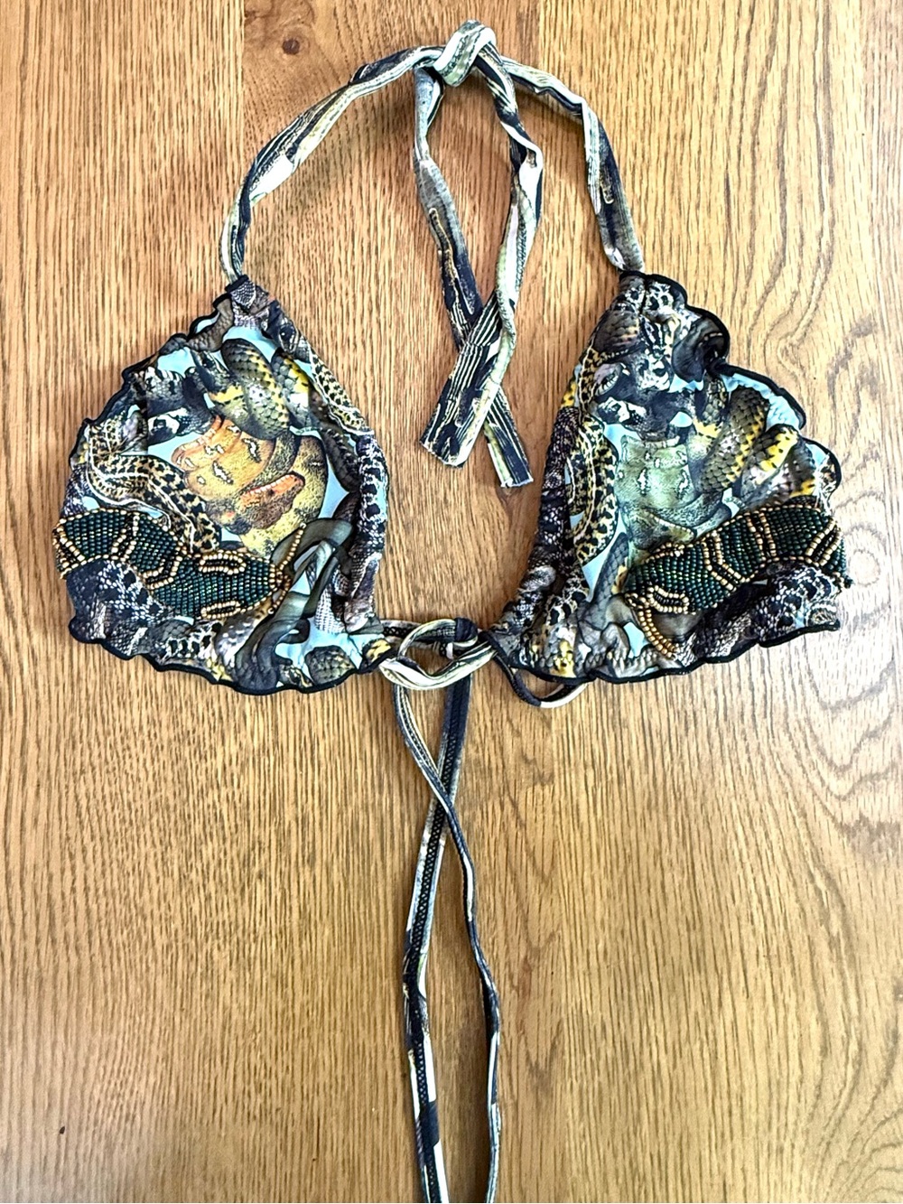 Agua Bendita Vobora Snake Print Beaded Triangle Bikini Top Size M
